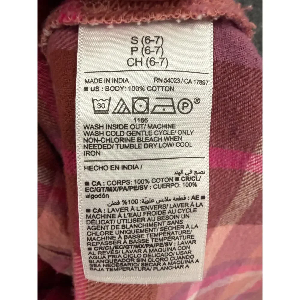 Old Navy Girls Plaid Flannel Button Up Shirt Size 6/7 Pink Cropped Boxy Cotton